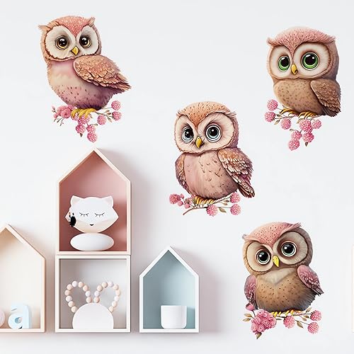 Miniatura 3 de Calcomanías de pared con diseño de búho pequeño rosa, diseño de animales de dibujos animados de sacinora para bricolaje, vinilo extraíble para