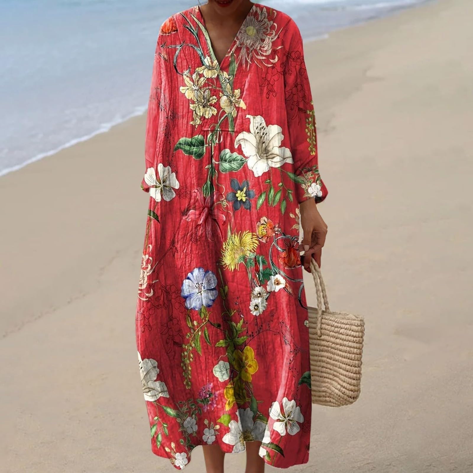 Generisch Damen Kleid-Damen Langärmliges Blumenmuster Kleid Locker Geschnitten Gestuft Gerüscht Boho Stil Strandkleid Midi Länge