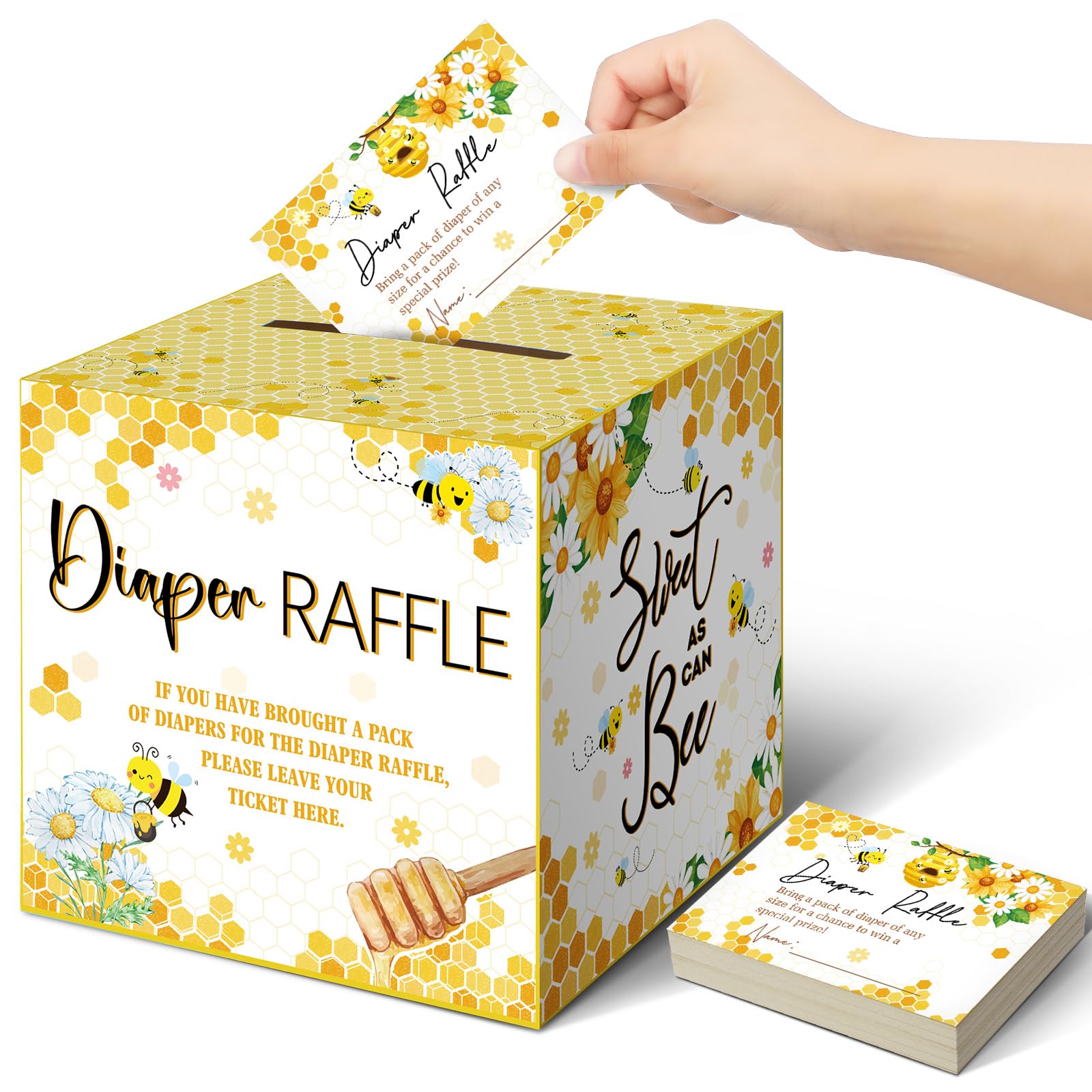Teling 51 Pieces Diaper Raffle Tickets with Card Box,Bee