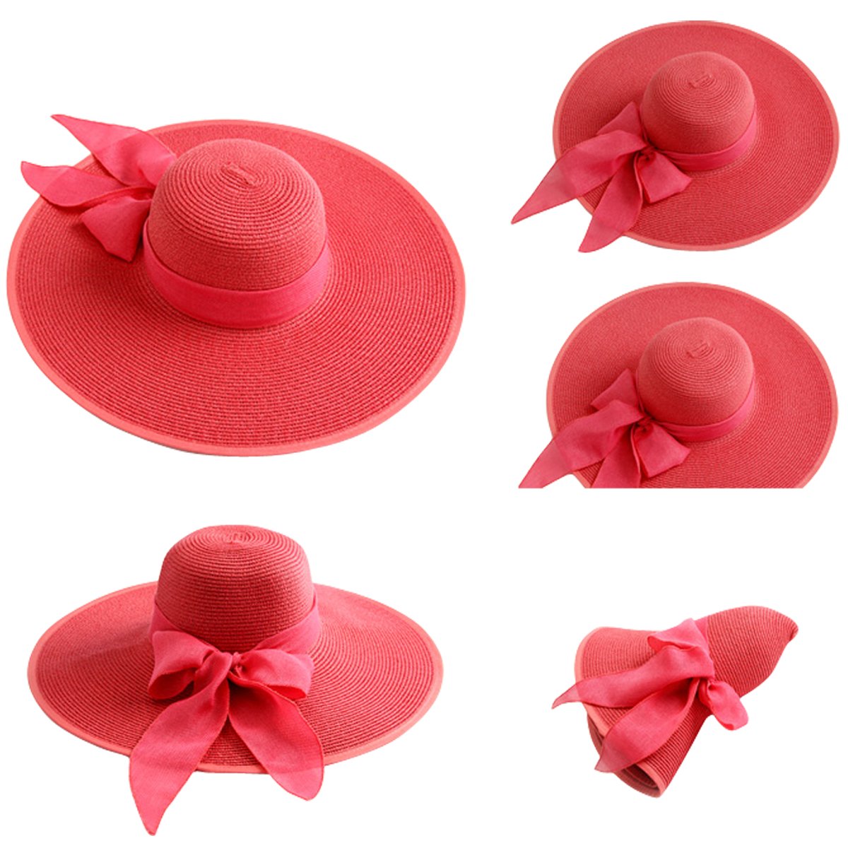 Women\'s Big Bowknot Straw Hat Large Floppy Foldable Roll up Cap, Rose, 5.5\