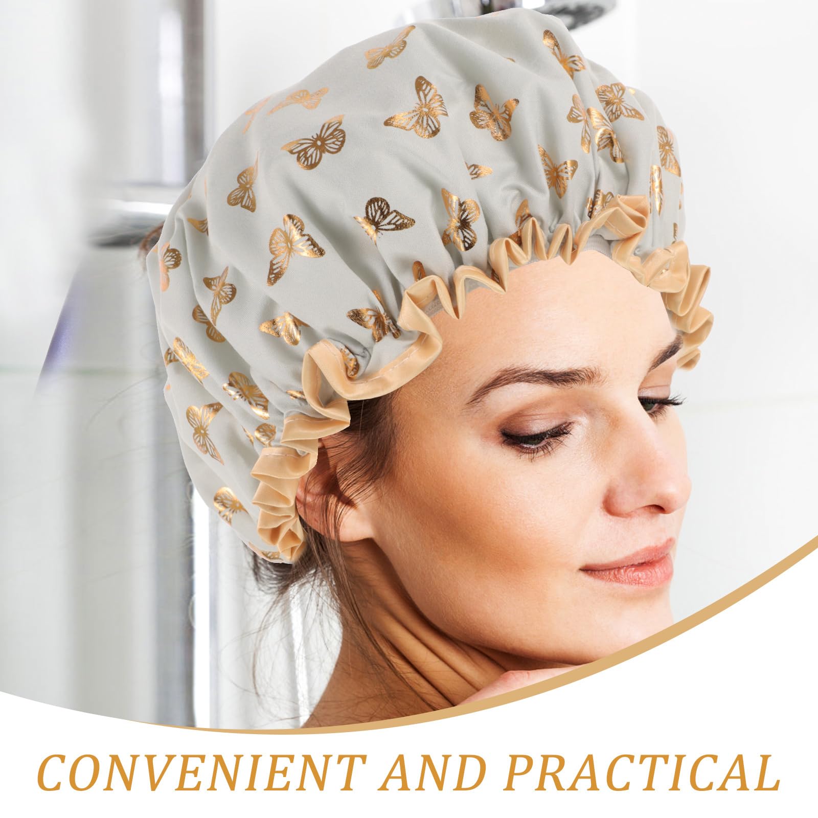 Healvian Double Layer Shower Cap for Women Elastic Stretchy Hair Cap for Bathing Decorative Reusable Shower Hat with Cute Pattern for Long Treatments - Image 2