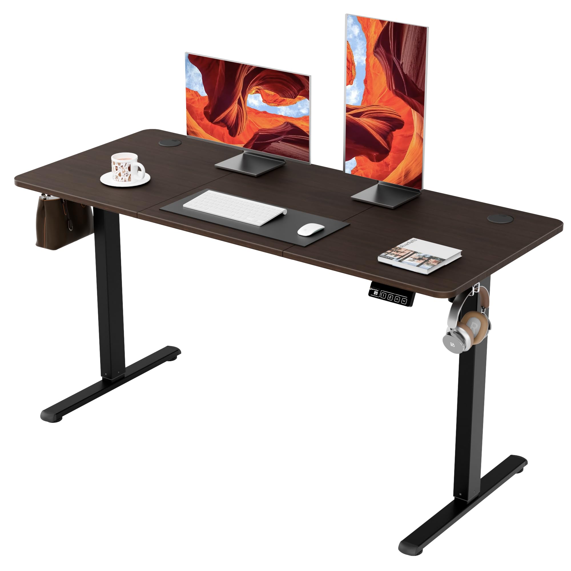 ERGOMAKER Electric Standing Desk 140x60cm (Black Frame+BlackWalnut Desktop) | Splice Board, Quiet & Smooth Lift, Height Adjustable Desk with Memory Height Settings, Wire Collecting Hole, 2 Hanging Hooks