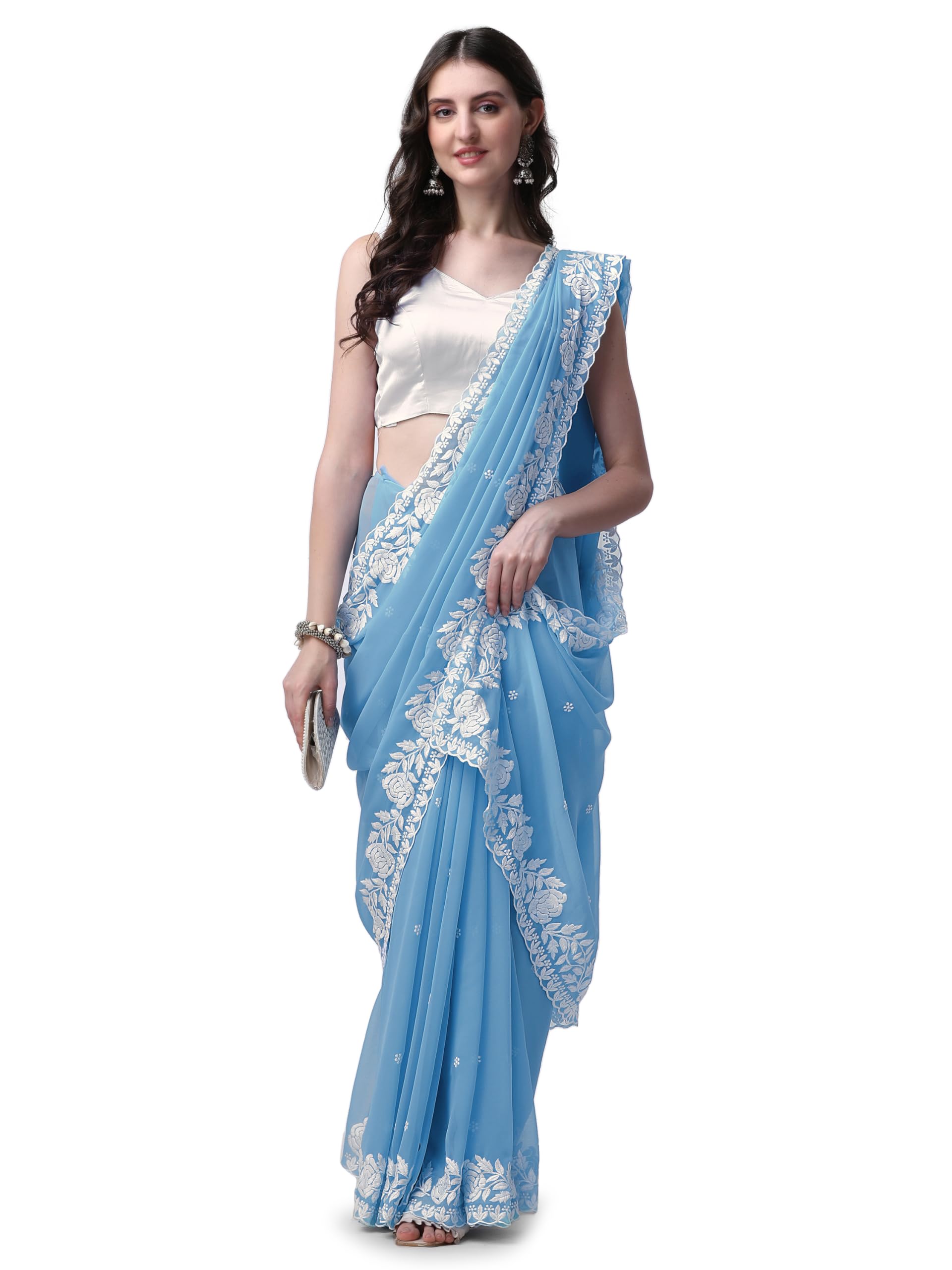 HESVIWomen's Georgette Embroidery Border Work Saree with Blouse Piece