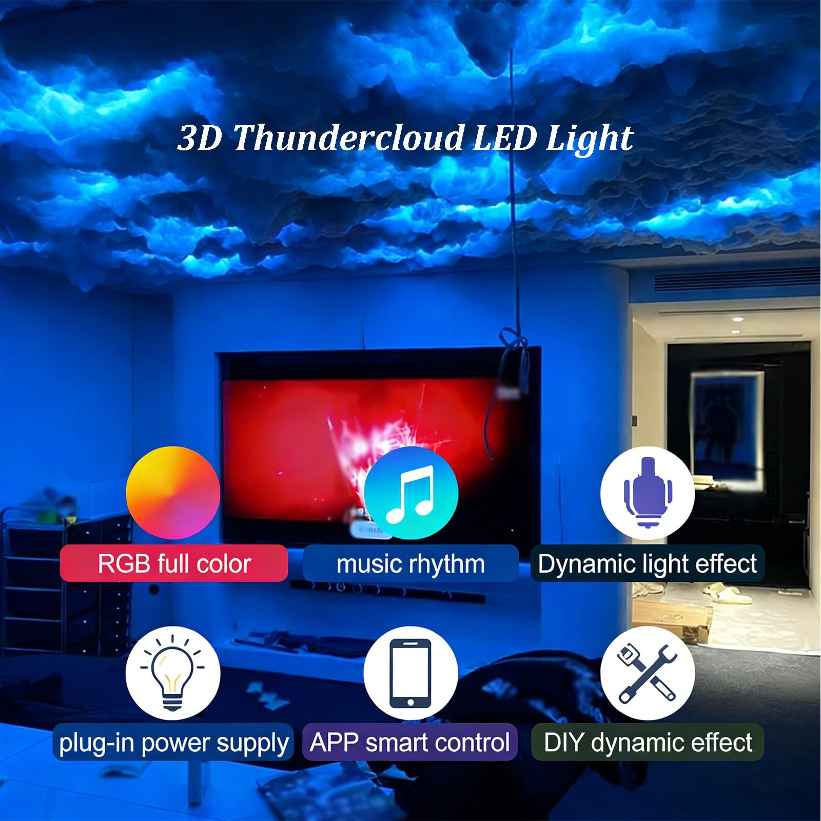 Światło LED 3D Thundercloud, DIY, chmura, nastrojowe światło, kolorowa zmieniająca się atmosfera, synchronizacja z muzyką, lampki nocne LED, do pokoju gier, sypialni, baru, klubu, dekoracja