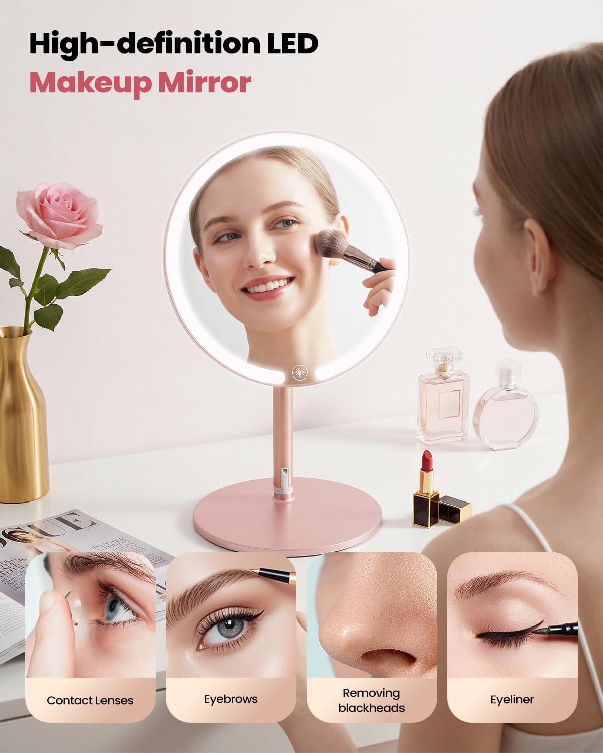 SJZX Cute Pink Lighted Makeup Mirror, Rechargeable Vanity Mirror with 70 LEDs & 1400 Lux, 3 Color Lighting, Dimmable Touch Screen, Portable Detachable Stand for Desk & Tabletop, Women Gift