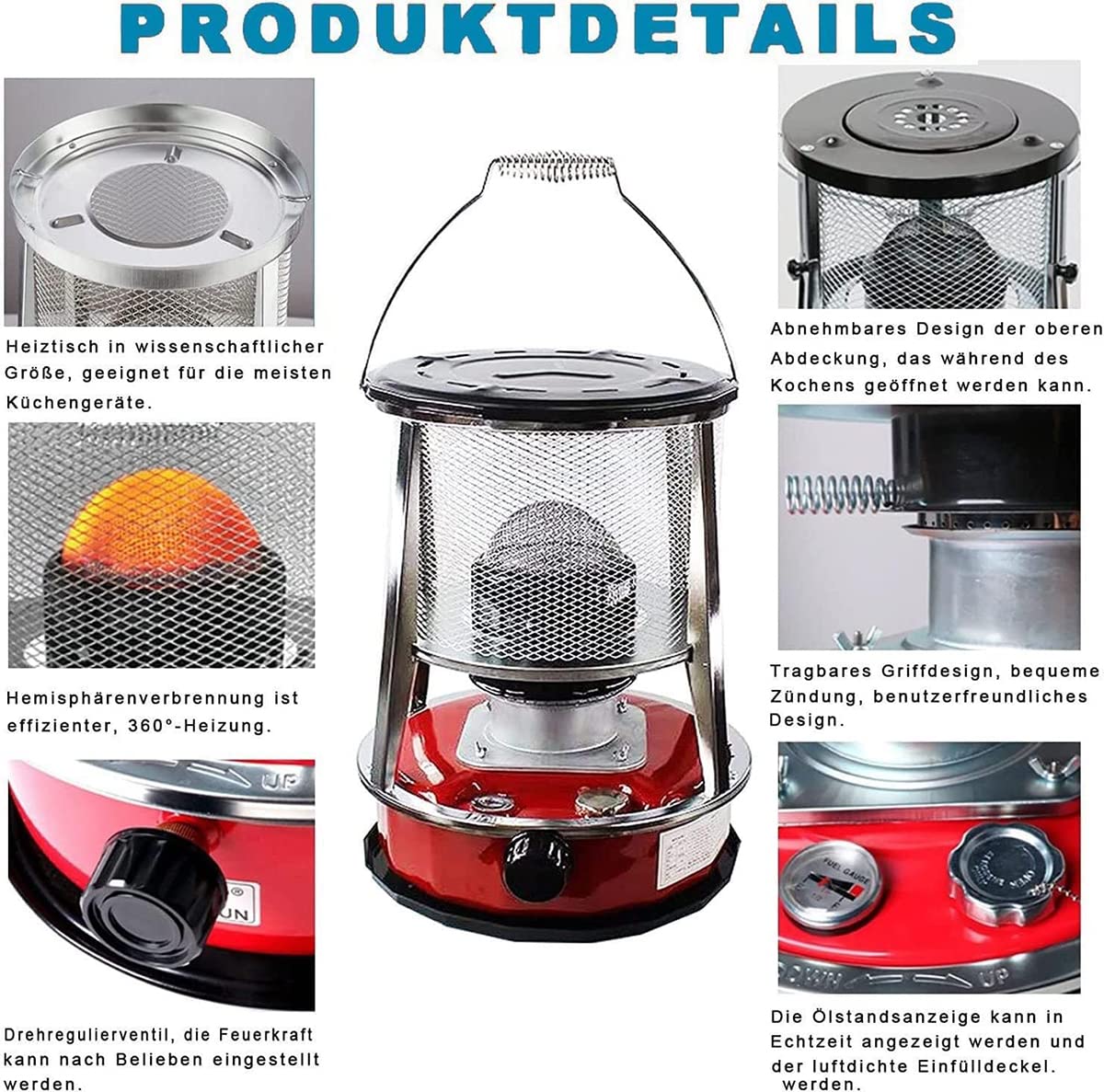 9000Btu/H Chauffage D'appoint Petrole, 4.5L Poele A Petrole De Feu Réglable Pour Terrasse Accueil Intérieur Extérieur Terrasse De Camping,Rouge