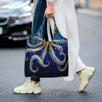 MELPHI Blue Ringed Octopus Printed One-Shoulder Commuting Canvas Bag Is Light, Durable And Multifunctional