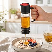 Glass Honey Dispenser No Drip, 350ml Maple Syrup Dispenser with Handle & Silicone Base, One-Touch Push Down Coffee Syrup Bottle, Mess Free Honey Jar Pot for Pancakes, Waffles, TeaBlack