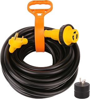PEAKTOW PTR0116 RV Power Extension Cord 30 Amp 50 Feet 125V 10 Gauge L5-30R to TT-30P 3750 Watts with LED Indicator, Grip Handle, Adapter 15 Amp to 30 Amp, and Cord Organizer. ETL/cETL Listed