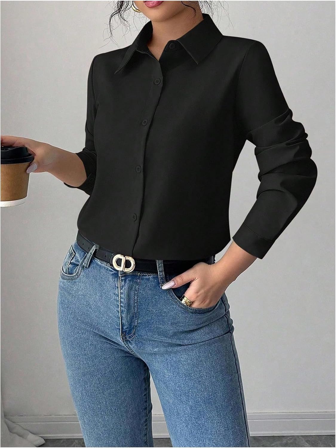 Milumia Women's Long Sleeve Blouses Button Down Shirt Single Breasted Collar Dressy Work Top - Image 5