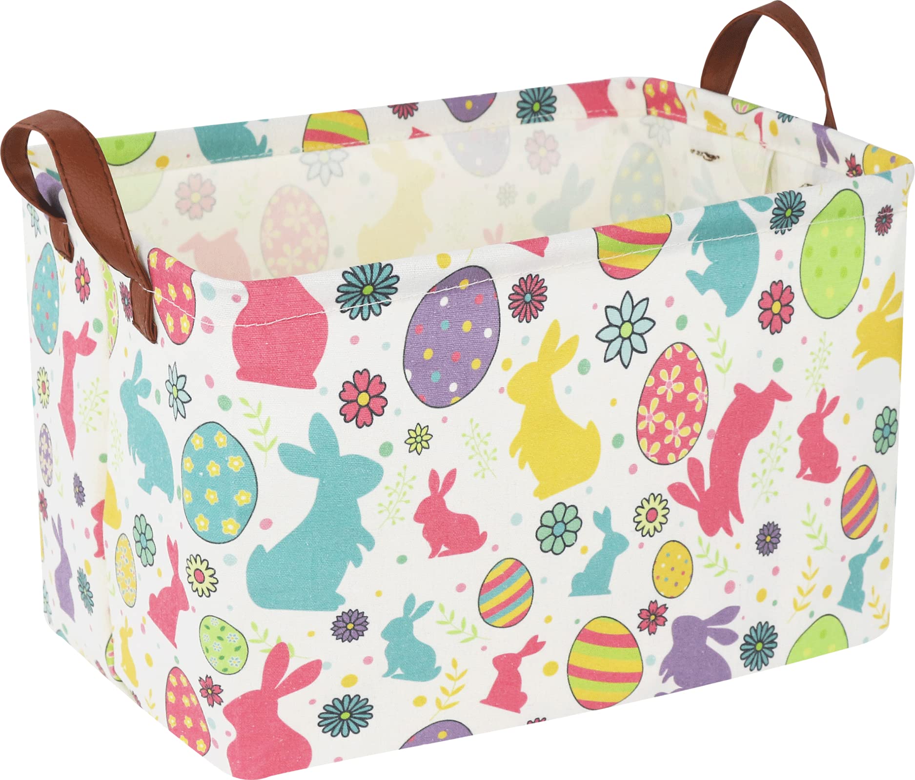 CLOCOR Easter Eggs Basket Empty with Colorful Eggs-pattern,Rectangular Easter Gift Basket with Handles for Boys and Girls,Toys Bin,Room Decor(Easter Eggs Basket)