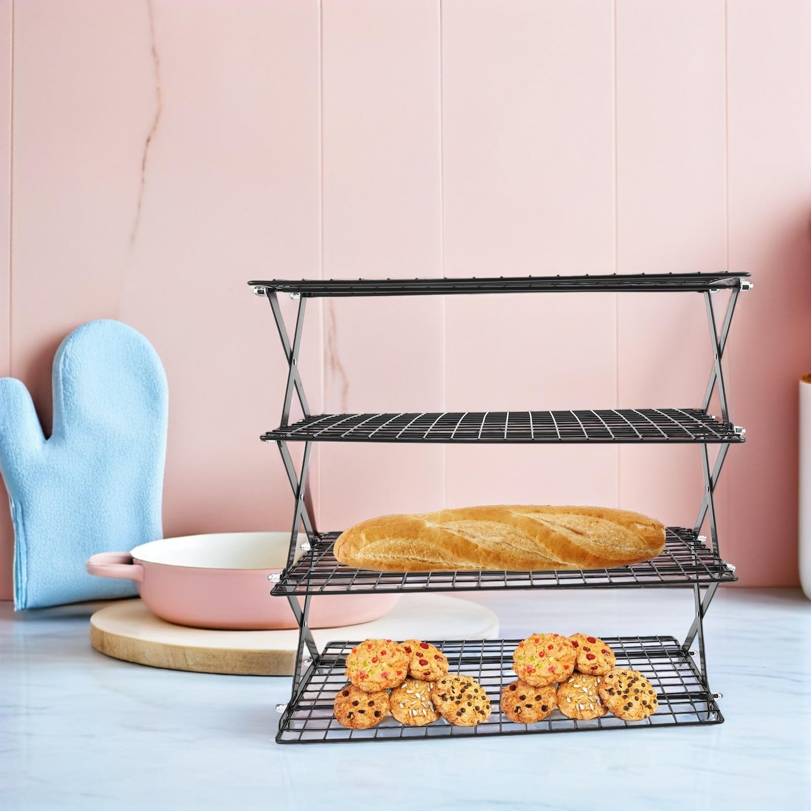Griglia di Raffreddamento per Pane a 4 Livelli in Ferro Nero, Pieghevole e Salvaspazio, per Pasticceria e Snack in Cucina per Panettieri Domestici