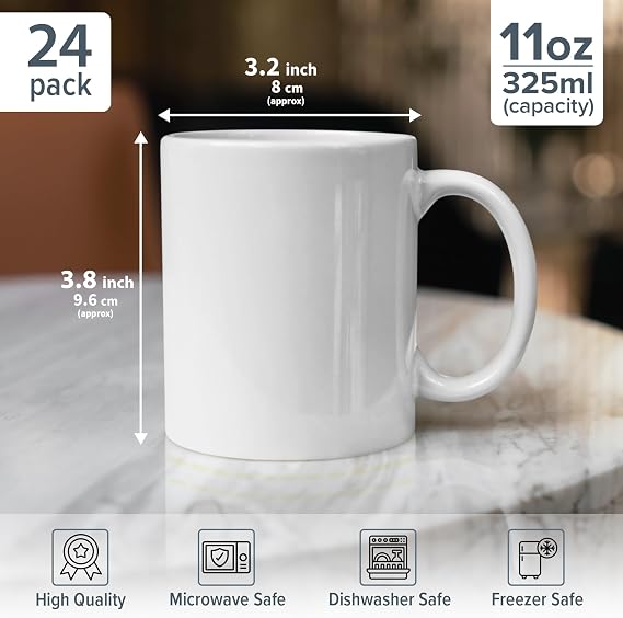 KAPCO 24 x White Sublimation Mugs 11oz Large Handle Heat Press AA Grade