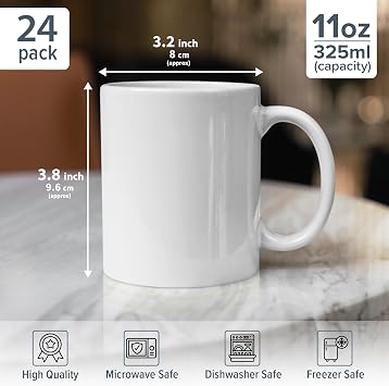 KAPCO 24 x White Sublimation Mugs 11oz Large Handle Heat Press AA Grade