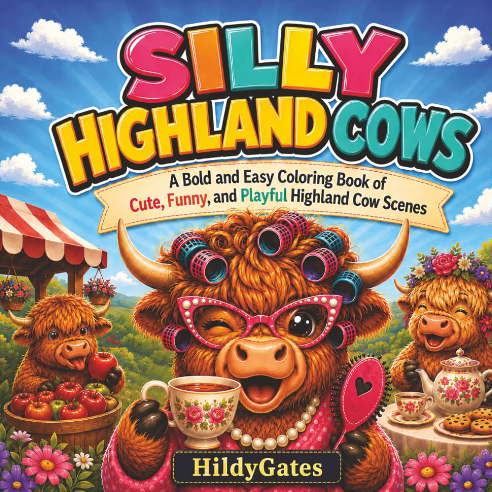 Silly Highland Cows: A Bold and Easy Coloring Book of Cute, Funny, and Playful Highland Cow Scenes (HildyGates Cozy Creatures)