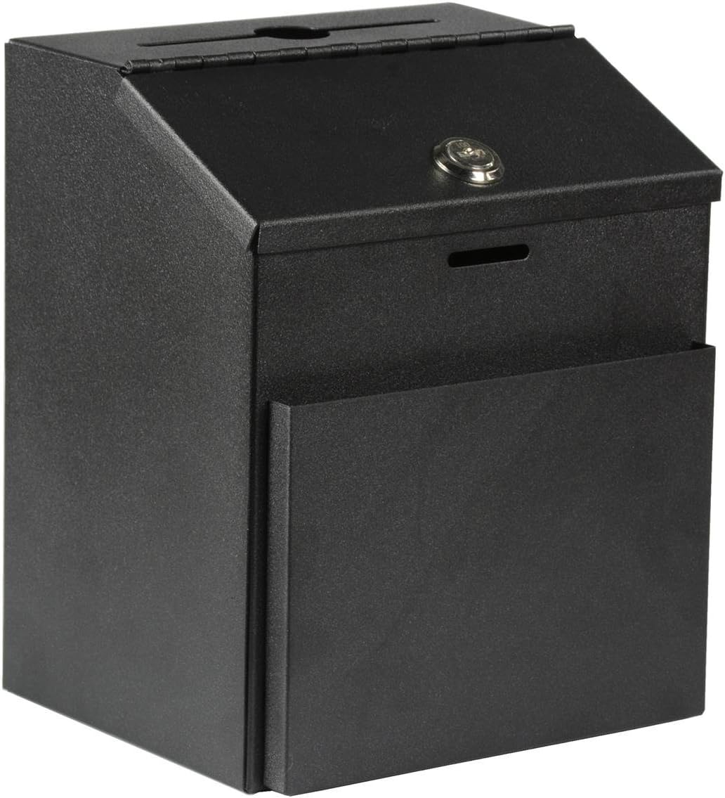 Suggestion Box with Lock for Wall Mount or Tabletop Use, Locking Hinged Lid, Metal Ballot Box with Pocket for Donation Forms or Envelopes (Not Included), Black