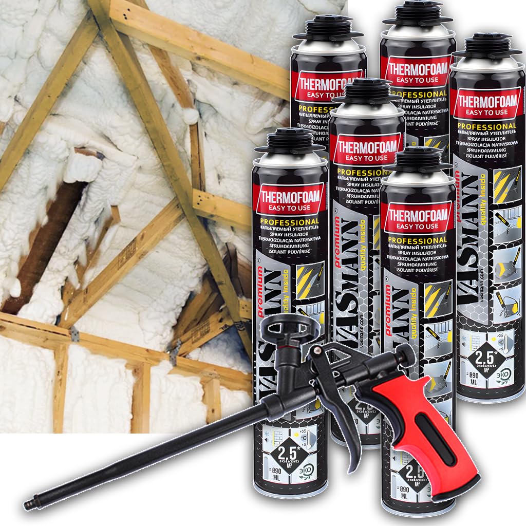 Sprühdämmung / Sprühisolierung Dachdämmung 6x890ml+Pistole Kellerdeckendämmung Zwischensparrendämmung Wärmedämmung EPS / XPS Dämmung Sprühdämmung (15m2+Pistole)