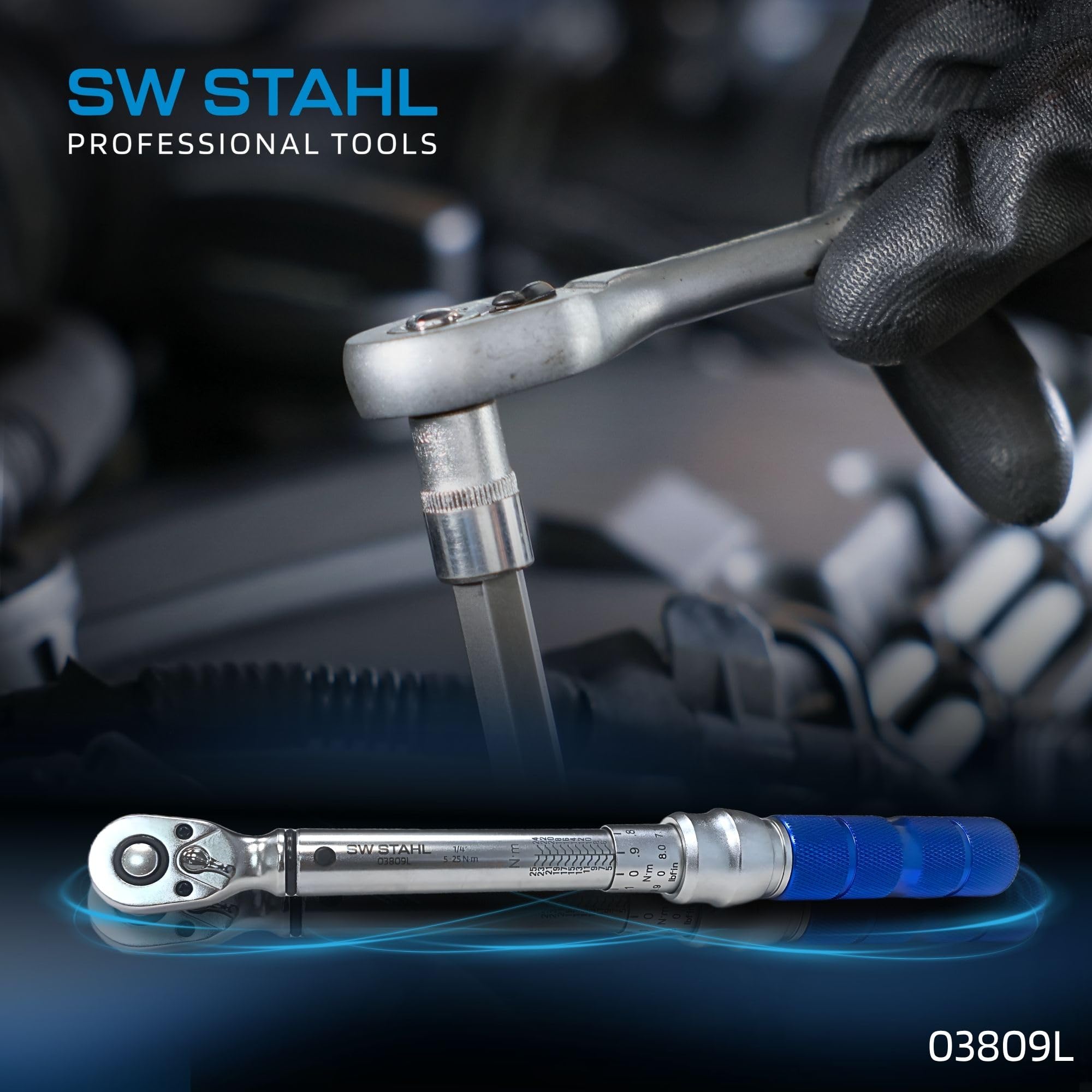 SW-Stahl 03809L Klucz Dynamometryczny 1/4 Cala, 5-25 Nm, Lewo i Prawo | Precyzja +/- 4%, 48 zębów, długość 245 mm, idealny do kół, świec i rowerów, bezpieczna blokada i ergonomiczny uchwyt.