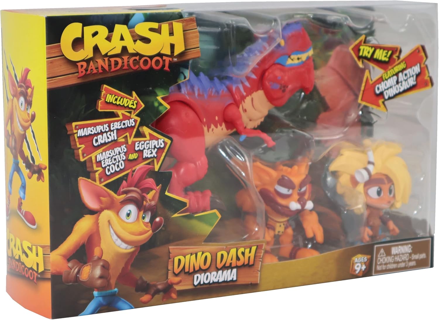 Crash Bandicoot Bandai Dino Dash Diorama | Playset includes 2 collectible Crash and Coco 6cm figures and a Chomp Action dinosaur toy based on video games | Great Toy