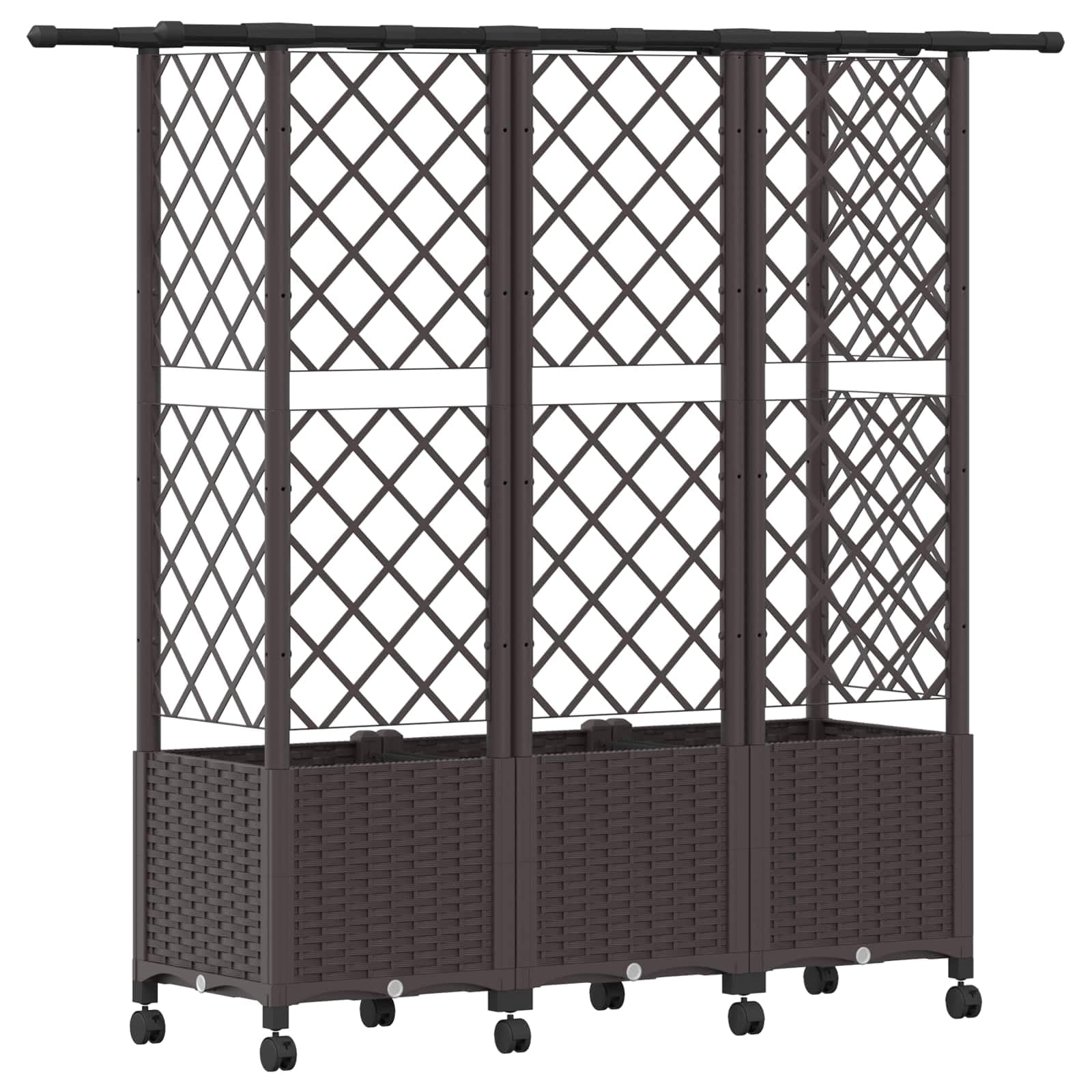 Jardinera con enrejado y techo marrón de polipropileno 163,5 x 40 x 142 cm, maceta para balcón, terraza, jardín, maceta, flores, hierbas, verduras, exteriores, con riego y almacenamiento de