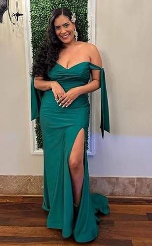 Miniatura 5 de Vestidos de baile de graduación con abertura, largo, de satén, con hombros descubiertos, vestido de noche formal de sirena para mujer, vestidos de