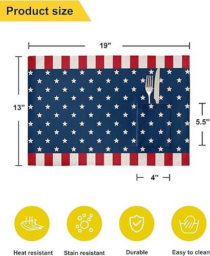 Miniatura 6 de Juego de 4 manteles individuales para mesa de comedor, juego de 4 manteles individuales de algodón y lino con bolsillo, arpillera cuadrada,