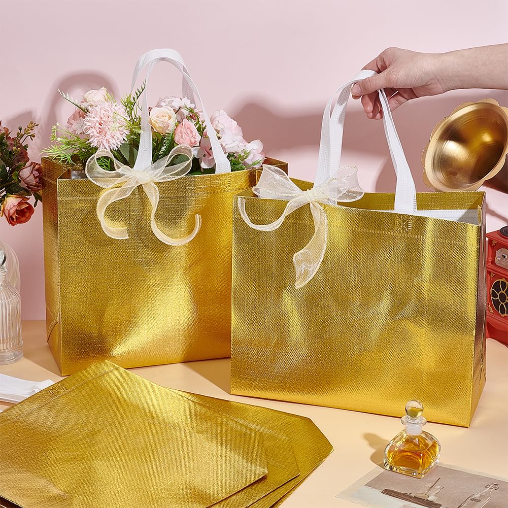 PH PandaHall Lot de 36 grands sacs cadeaux réutilisables en tissu non tissé avec ruban pour invités, fête, mariage, anniversaire, Saint-Valentin - 33,8 x 30,5 x 11,9 cm - Doré brillant
