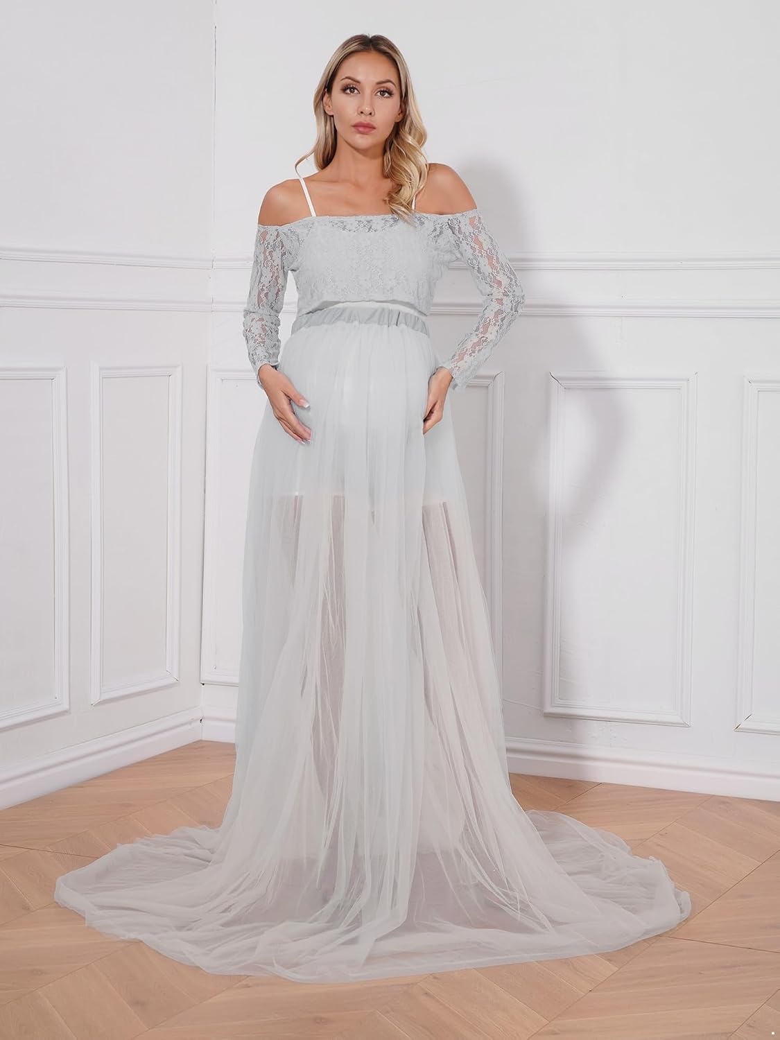 Alvivi Women Maternity Photoshoots Outfit Off Shoulder Long Sleeve Lace Crop Top Floor Length Tulle Skirt Set