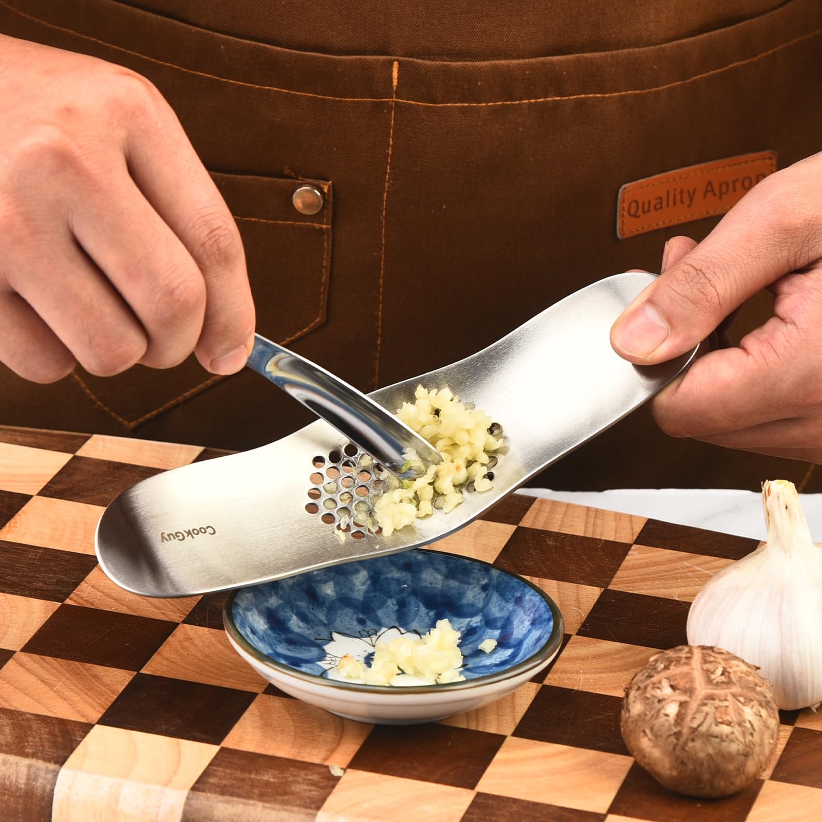 304 Stainless Steel Garlic Press Rocker Set - Gold Garlic Mincer Crusher Peeler Scraper Tool