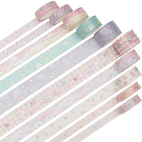 Miniatura 2 de YUBX Creative Washi - Juego de 10 rollos de cinta adhesiva decorativa con impresión de lámina dorada para artes, manualidades, diarios,