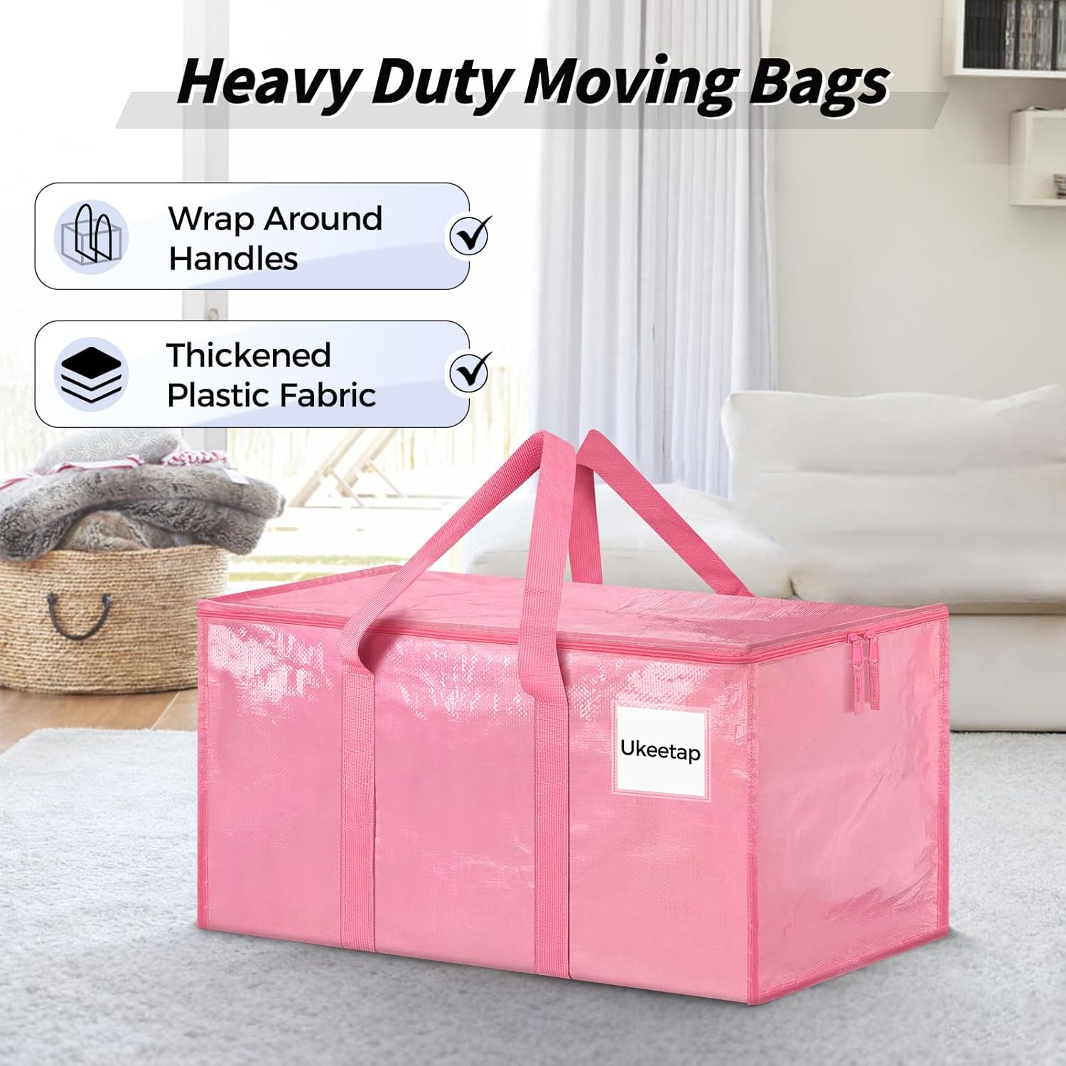 8 Pack Extra Large Heavy Duty Moving Bags, Pink Storage Bins with Lids, Reinforced Handles & Heavy-Duty Zippers Moving Boxes Storage Bags Totes for Clothes Packing, Dorms, College Supplies, Pink - Image 4
