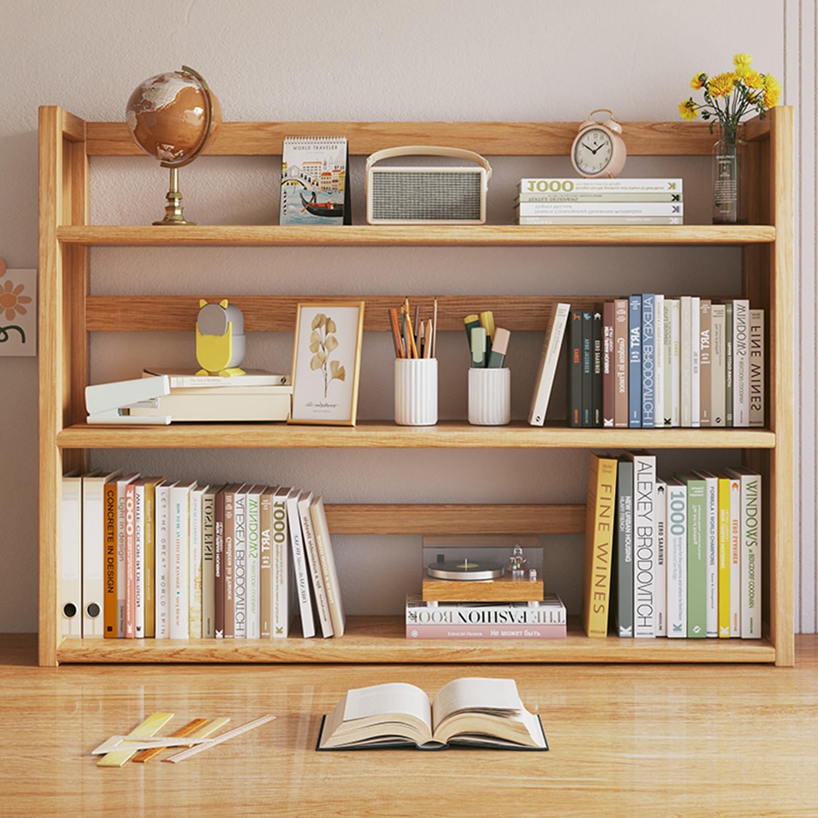 Estantería de escritorio de madera sobre el escritorio, solución de almacenamiento, estante de escritorio de oficina para libros y suministros, elegante y funcional decoración de oficina en casa.