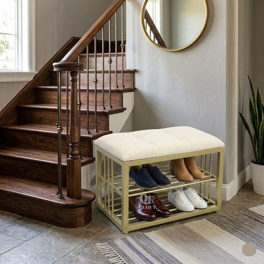 Ottoman Shoe Rack with Tufted Velvet Seat, Green, Metal Frame, Modern Style, 50x30x45 CM (White)-image-32