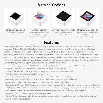 Waveshare ESP32-S3-Touch-LCD-1.54, ESP32-S3 1.54inch LCD Display Development Board, 240 x 240 Resolution, 262K Color, Supports Dual Microphones, 2.4GHz Wi-Fi And BLE 5