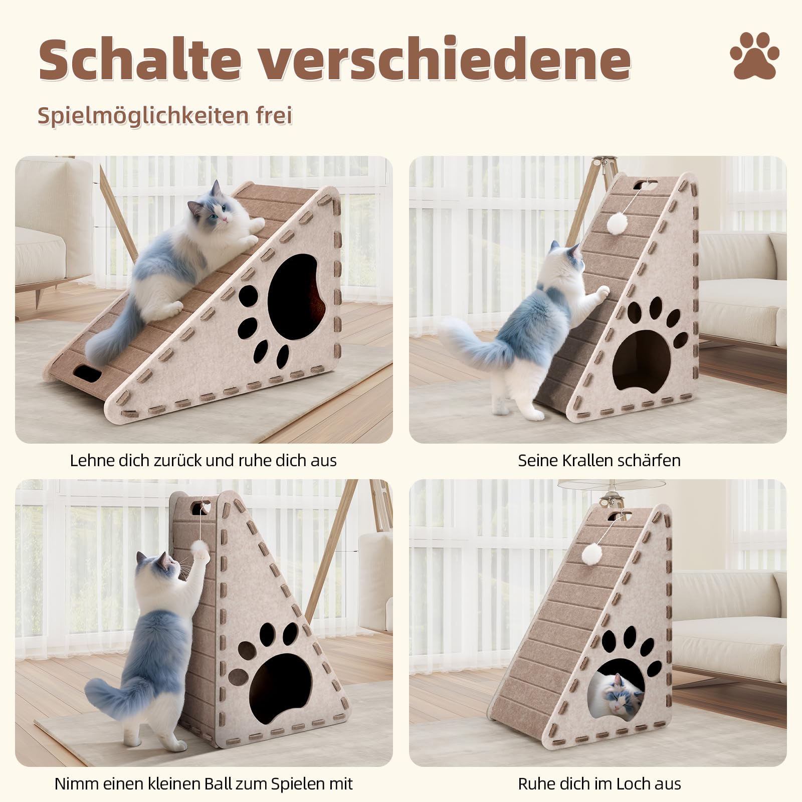 3 en 1 Rascador para gatos, rascar, jugar a descansar, fieltro triángulo casa de gato, fácil de limpiar (beige)