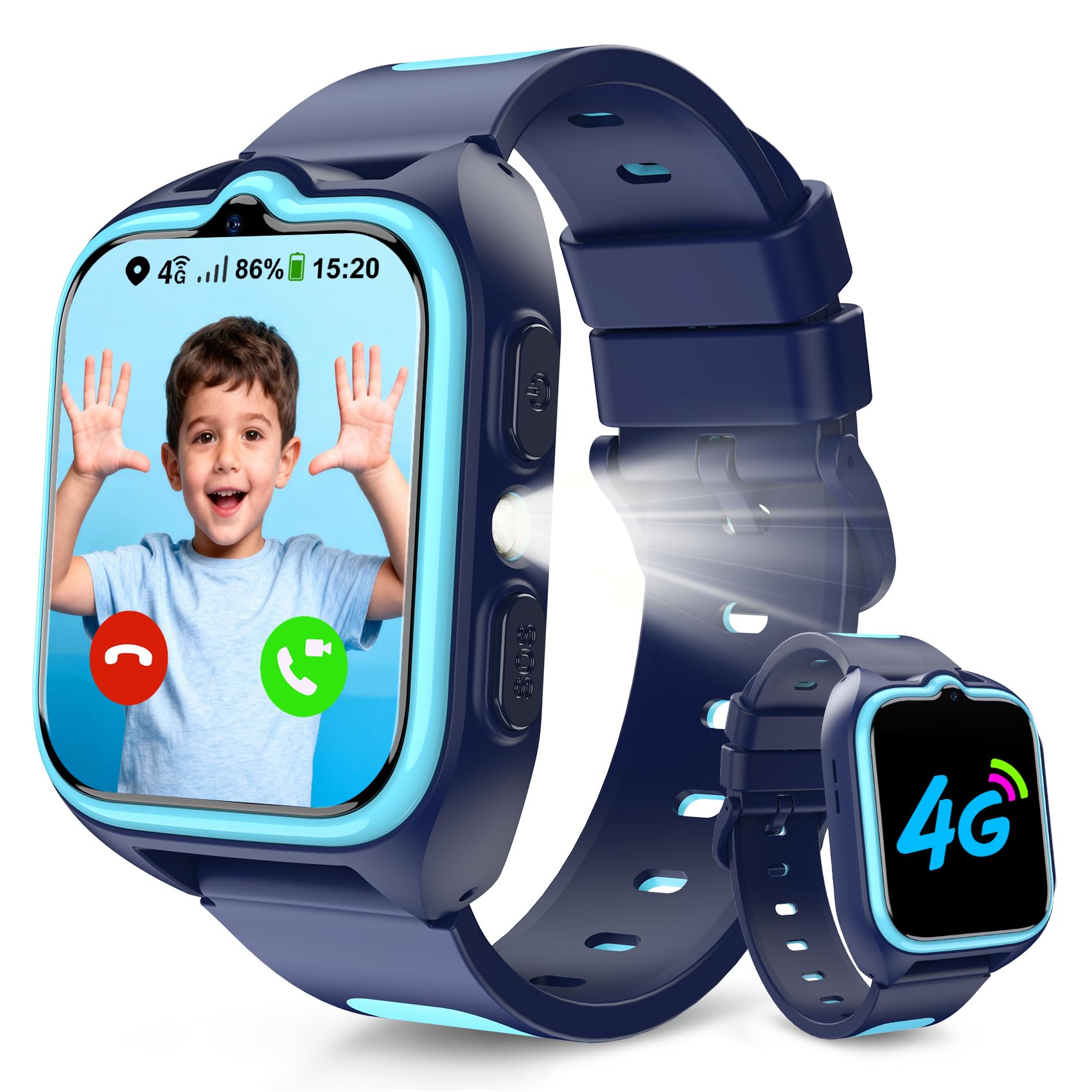 Smartwatch 4G per bambini, con slot per scheda SIM, chiamata di emergenza SOS, chat vocale, GPS, chiamata telefonica, torcia, modalità scuola, contapassi, regalo per ragazzi 4-12 anni