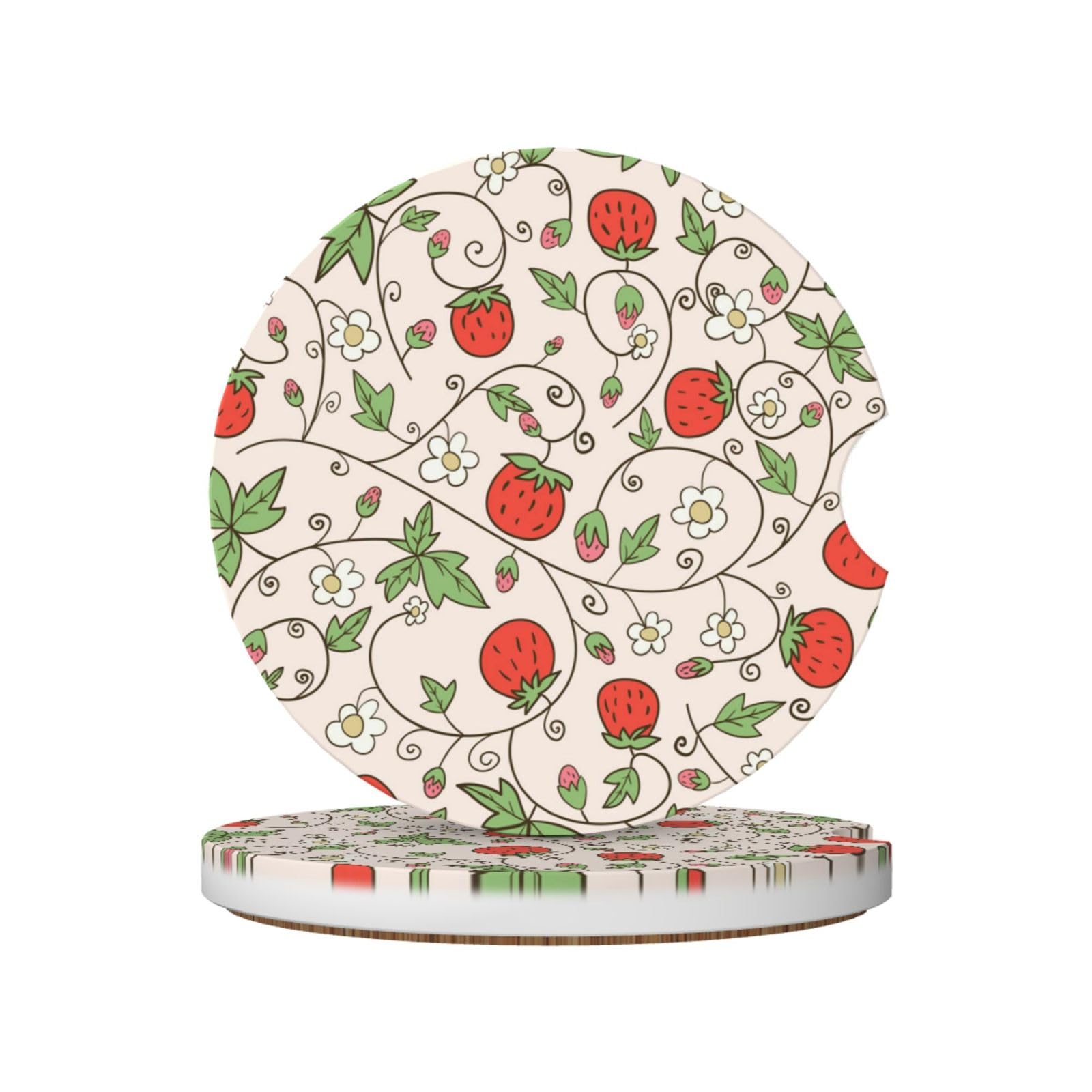 Strawberry And Flower, Car Cup Holder Coasters 2 Pack, Absorbent Ceramic Car Coasters with Non Slip Cork Base