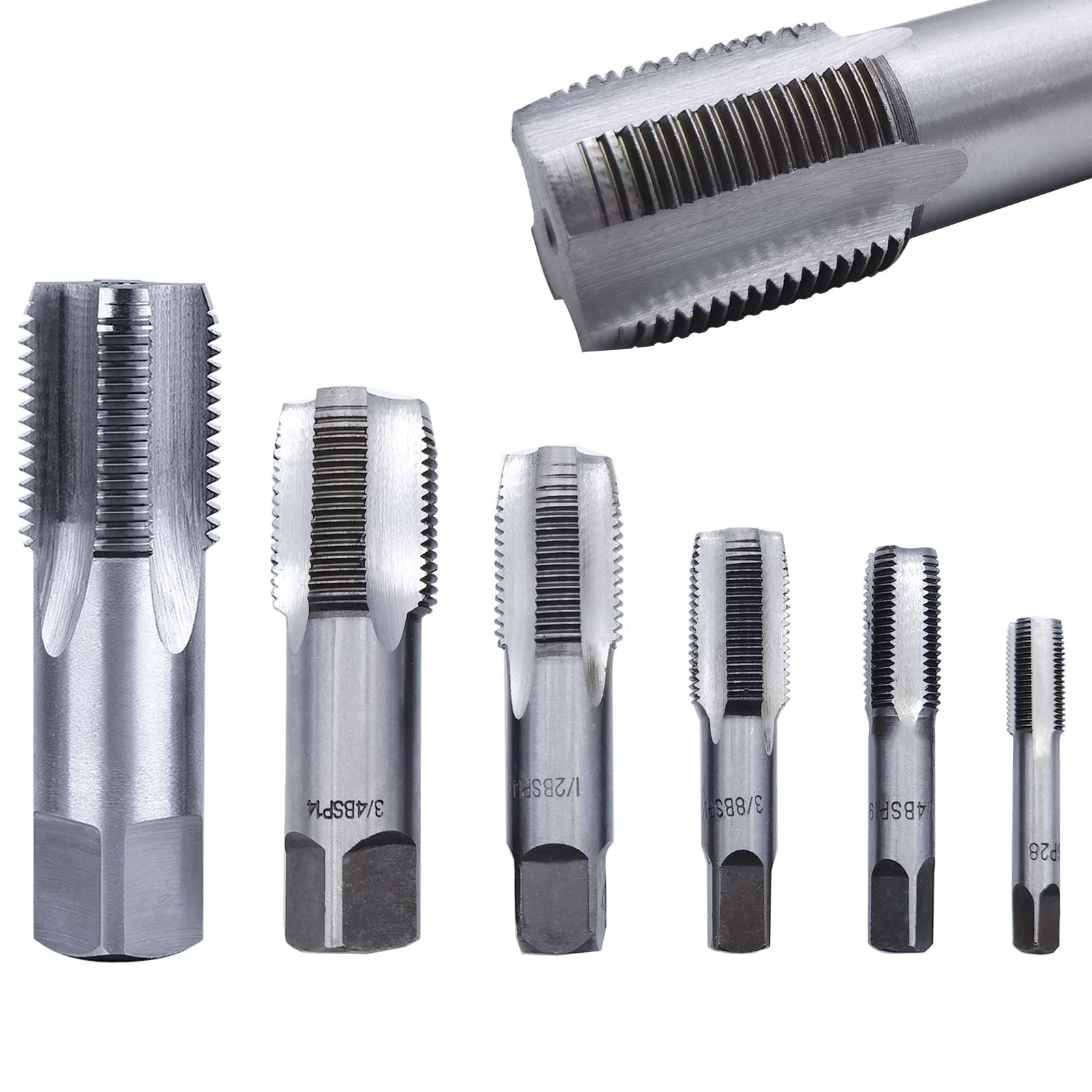 OBPSFY 6 Pcs BSP Pipe Tap Set, 1/8", 1/4", 3/8", 1/2",3/4",1" Pipe Thread Tap,Bearing Steel Threading Taps Tool for Clean/Re-Thread Damaged/Jam Pipe Threads