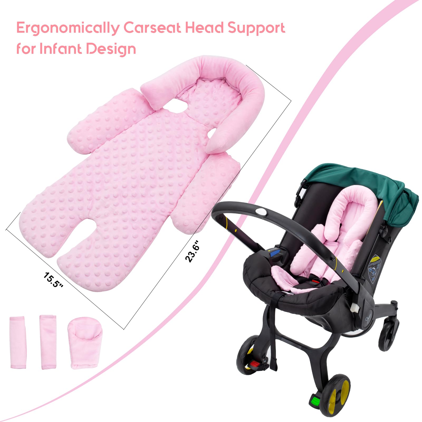 Inserto de asiento de automóvil para bebé con 3 fundas de correa adicionales, soporte grueso para la cabeza y el cuerpo para bebés, cojín reversible para asiento de coche para niños y niñas, inserto