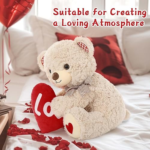 Miniatura 4 de MaoGoLan Oso de peluche beige, oso de peluche de 14 pulgadas con corazón rojo de amor para abrazar, regalo para novia, niños, mamá, día de San