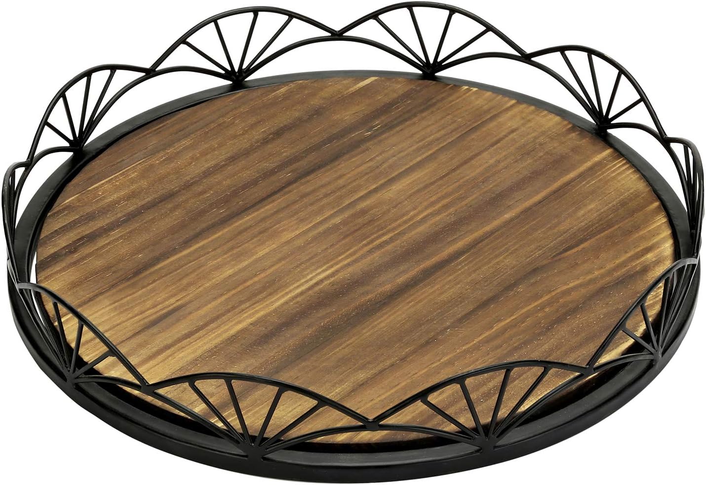 MyGift Dark Brown Wood Round Decorative Serving Tray with Elegant Black Metal Fan-Design Rim, 12-Inch Vanity Tray : Home & Kitchen