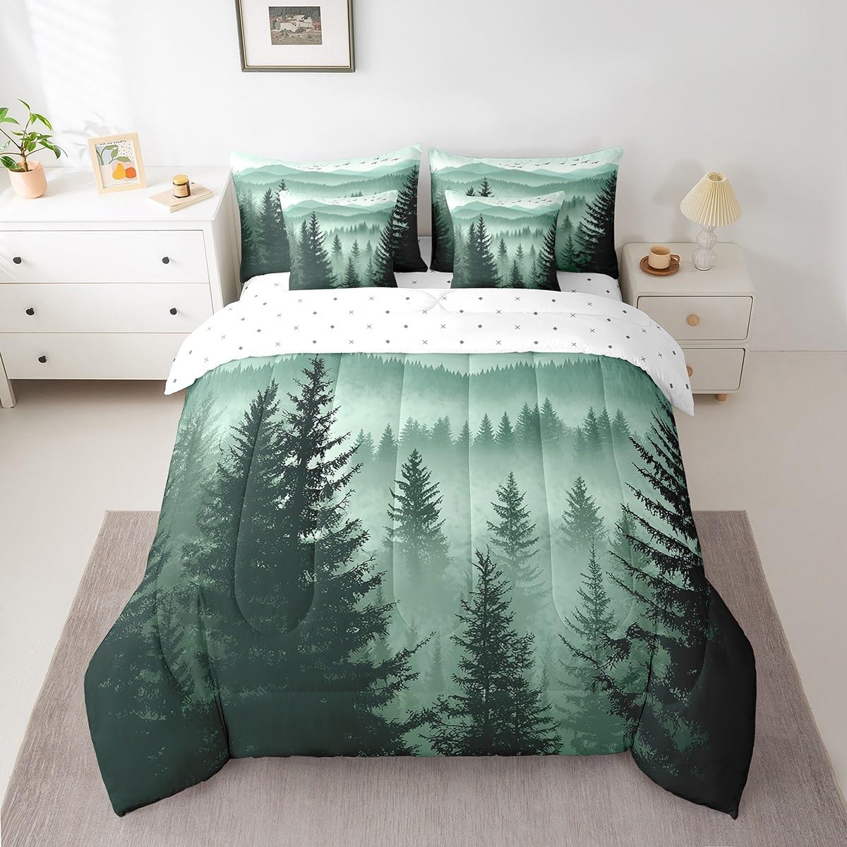 Erosebridal Olive Green Twin Comforter Set with Sheets 7 Piece Mountain Pine Tree Forest Bed in A Bag Rustic Woodland Nature Landscape Bedding Sets for Kids Adults,Soft Lightweight Bed Set