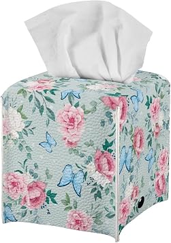 Pink Flower Butterfly Rectangle Tissue Box Cover Modern PU Leather Rectangular Tissue Box Waterproof Tissue Cover Decorative Holder Organizer for Bathroom Vanity Countertop