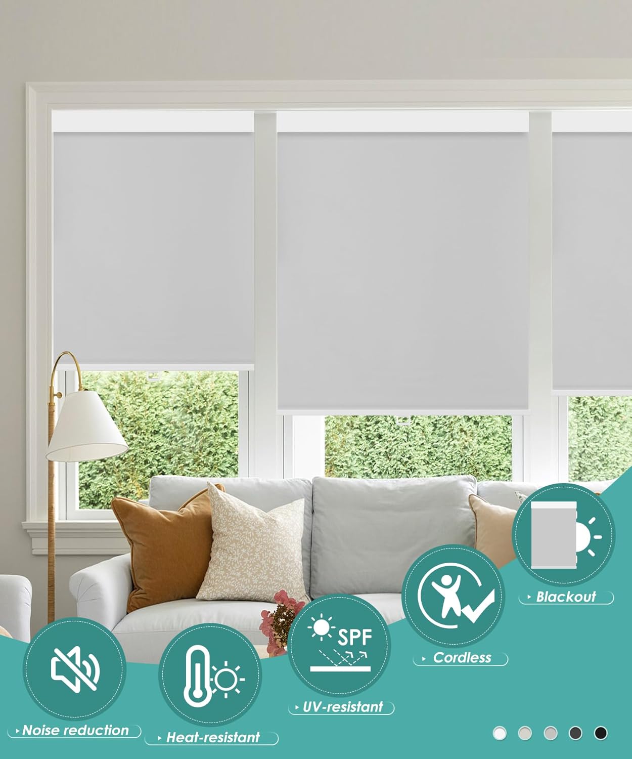Blackout Roller Blinds for Windows, 29'' x 72'' Shade for Indoor Bedroom, Cordless With UV Protection for Home, Grey