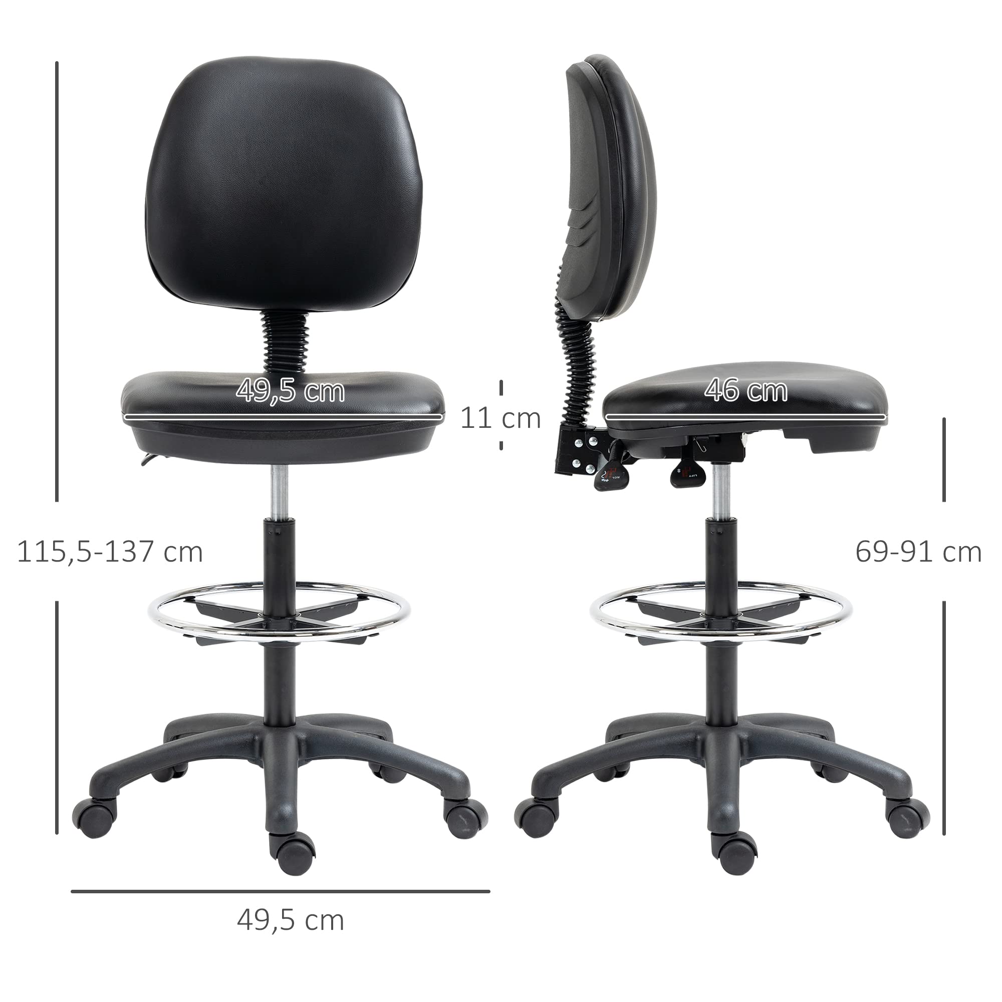 Vinsetto Tabouret à Roulette Tabouret pivotant réglable en Hauteur de 69-91 cm Dossier inclinable et Repose-Pieds réglable