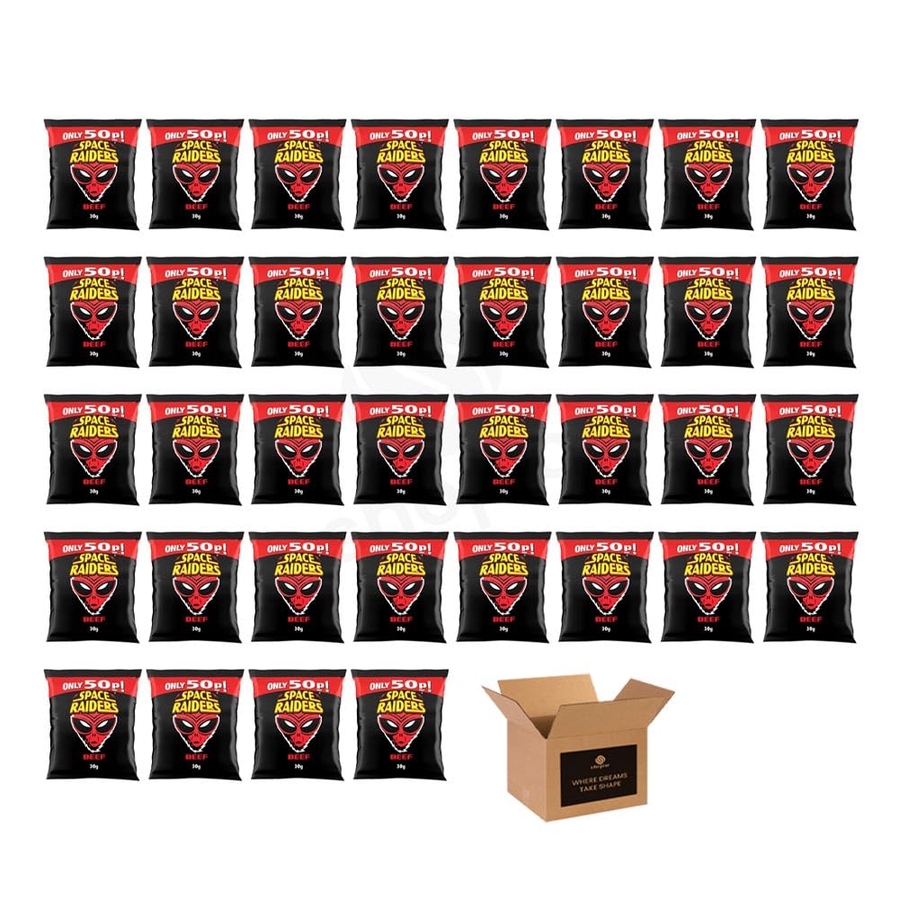 Space Raiders Crisps 6 Pack in 1 Pack – Beef/Onion Classic Retro Crisps Snack Packs for Lunchboxes, School, Work, Picnics & Sharing – Bold Flavour Crunchy Snacks (Pack 36, Beef 30g)