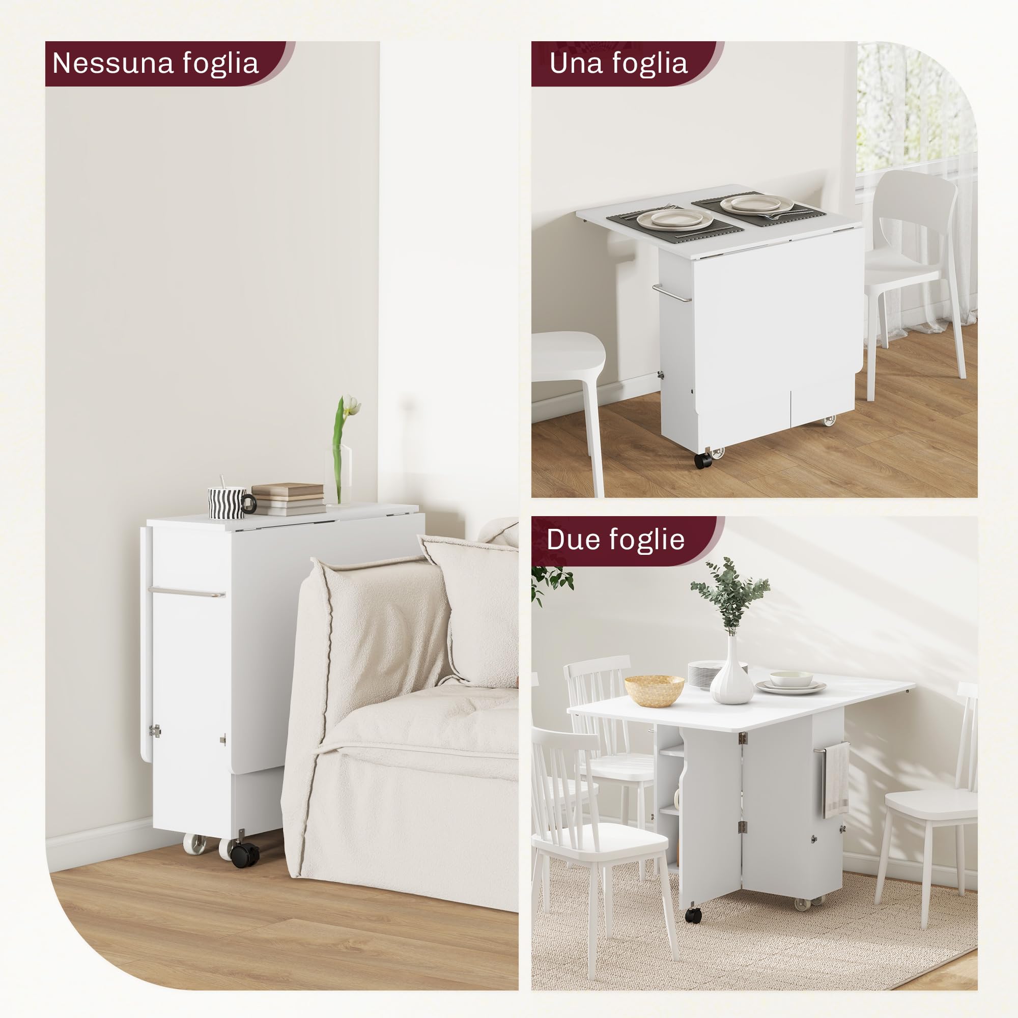 HOMCOM Tavolo a Ribalta con Ripiani a 3 Livelli, Box Portaoggetti e Rotelle, Tavolo Pieghevole in MDF, 130x80x76.5 cm, Bianco