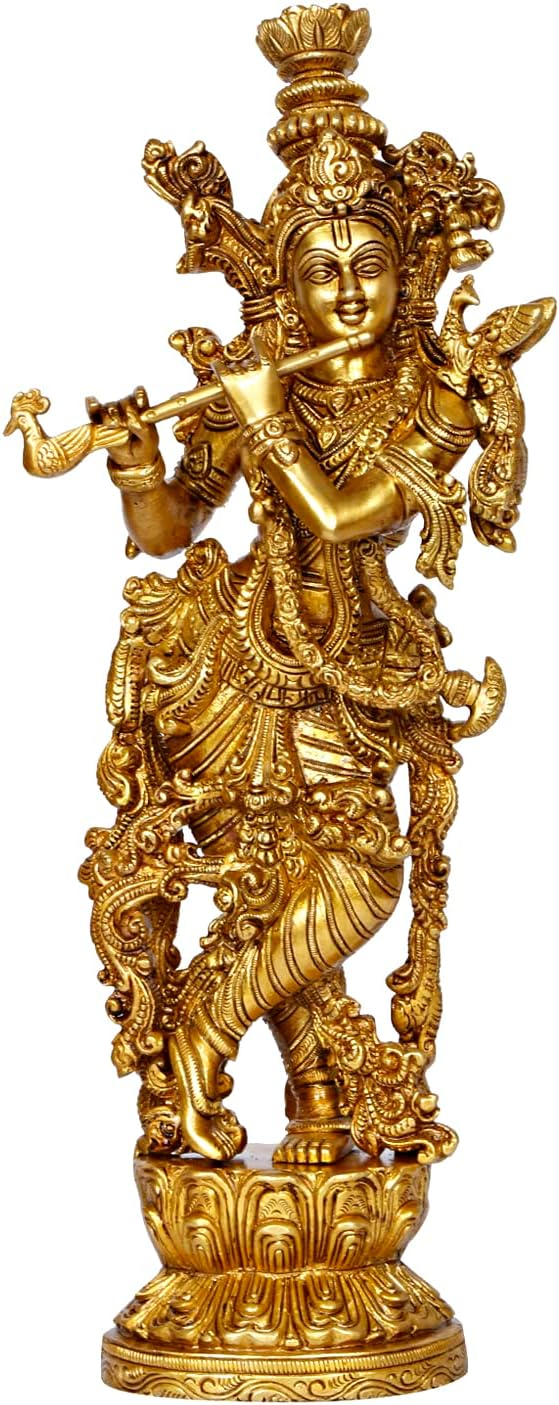 Lord Murli Manohar Krishna Krishan Brass Statue Murti Gift & Home Décor Big Size- Height 14 Inches