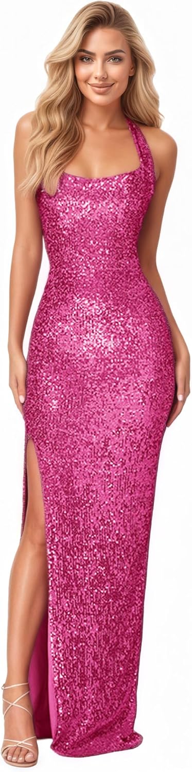 Womens Halter Neck Sequin Backless Evening Dress High Slit Maxi Sparkling Formal Party Bodycon Dress