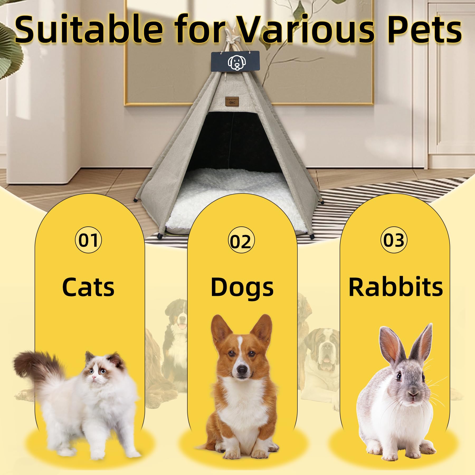Tenda per Animali Domestici Tipi Tenda per Cani e Gatti Rimovibile e Lavabile Pet Teepee Tipi con Cuscino Peluche 60x60x70cm
